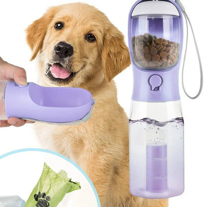 Portable Water Bottle for Dogs - 3-in-1 Travel Bowl Dispenser with Food Container and Waste Bag Holder, Ideal for Outdoor Activities - 20oz, Blue