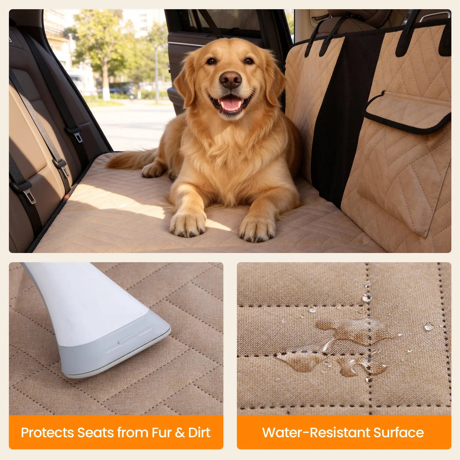 VALUXE Waterproof Dog Car Seat Cover for Large Dogs - Full-Cover Back Seat Protector, Foldable, Beige/Black