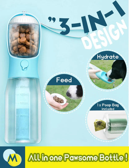 Portable Water Bottle for Dogs - 3-in-1 Travel Bowl Dispenser with Food Container and Waste Bag Holder, Ideal for Outdoor Activities - 20oz, Blue
