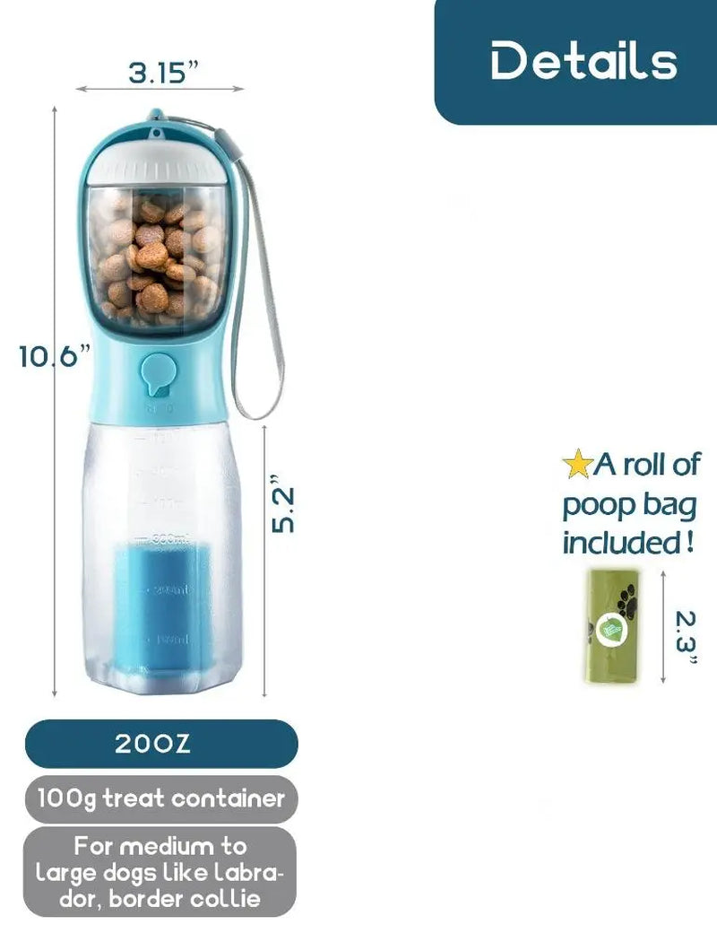 Portable Water Bottle for Dogs - 3-in-1 Travel Bowl Dispenser with Food Container and Waste Bag Holder, Ideal for Outdoor Activities - 20oz, Blue