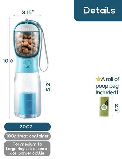 Portable Water Bottle for Dogs - 3-in-1 Travel Bowl Dispenser with Food Container and Waste Bag Holder, Ideal for Outdoor Activities - 20oz, Blue
