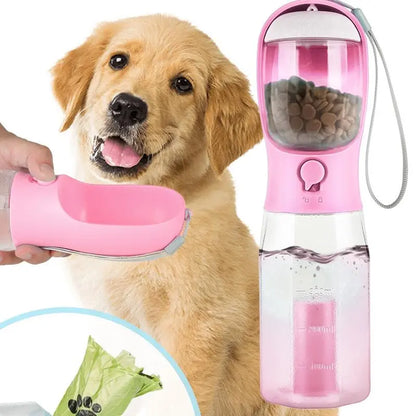 Portable Water Bottle for Dogs - 3-in-1 Travel Bowl Dispenser with Food Container and Waste Bag Holder, Ideal for Outdoor Activities - 20oz, Blue