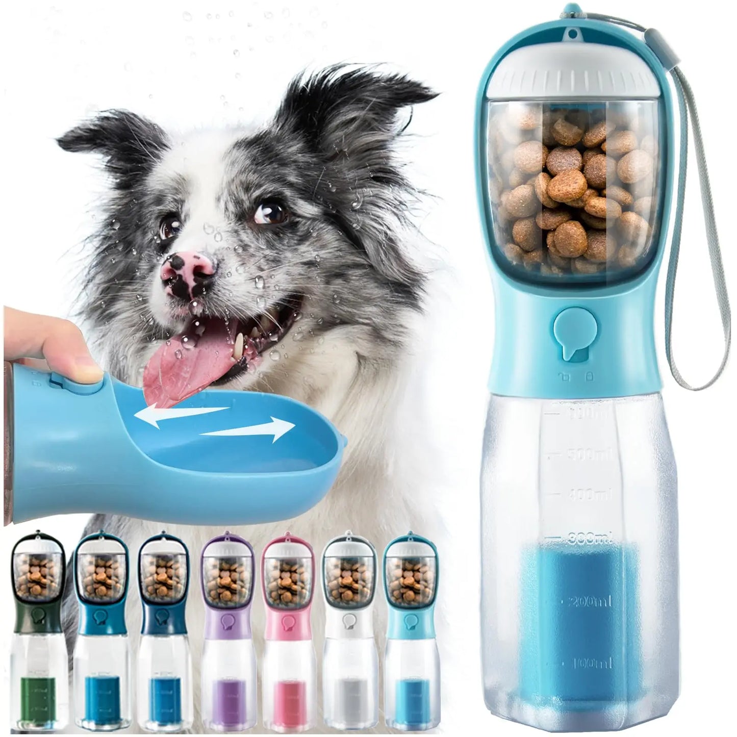 Portable Water Bottle for Dogs - 3-in-1 Travel Bowl Dispenser with Food Container and Waste Bag Holder, Ideal for Outdoor Activities - 20oz, Blue