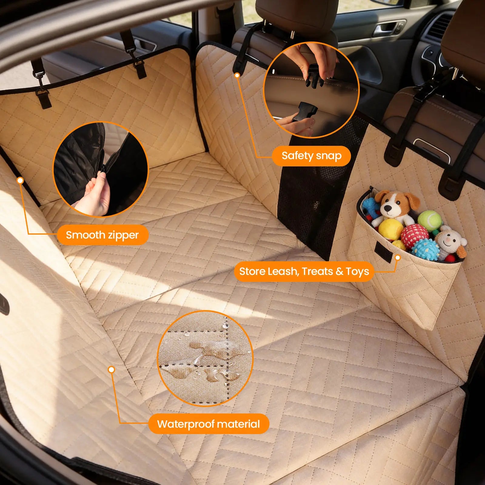 VALUXE Waterproof Dog Car Seat Cover for Large Dogs - Full-Cover Back Seat Protector, Foldable, Beige/Black