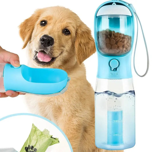 Portable Water Bottle for Dogs - 3-in-1 Travel Bowl Dispenser with Food Container and Waste Bag Holder, Ideal for Outdoor Activities - 20oz, Blue