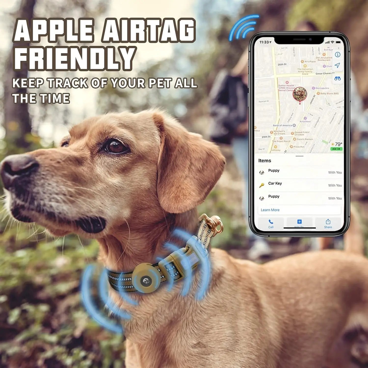 AUROTH Adjustable AirTag Dog Collar Holder for Medium to Large Dogs with Heavy-Duty D-Ring and Tangle-Free Design